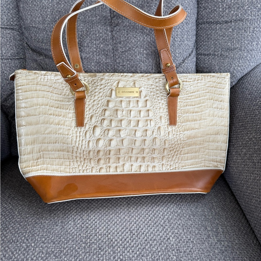 Brahmin Cream and Brown Textured Tote Bag